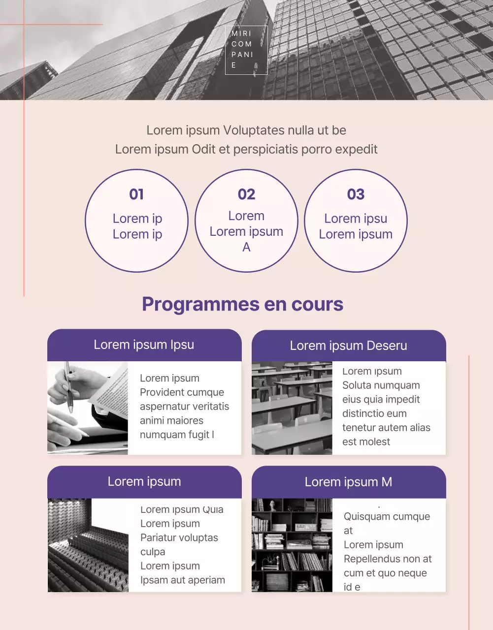 Détails du programme de l'entreprise en violet avec des accents orange