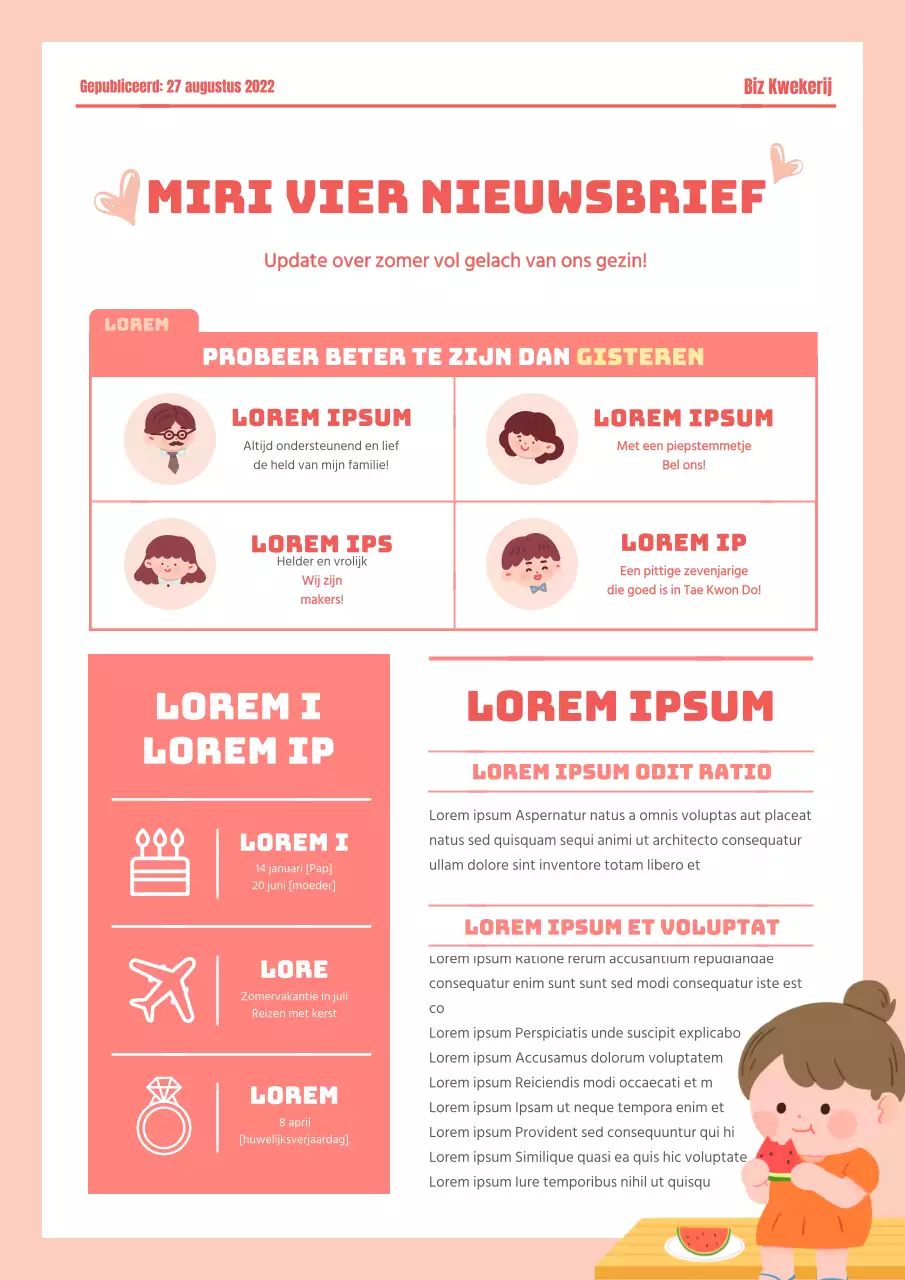 Koraalkleurige nieuwsbrief voor kinderen