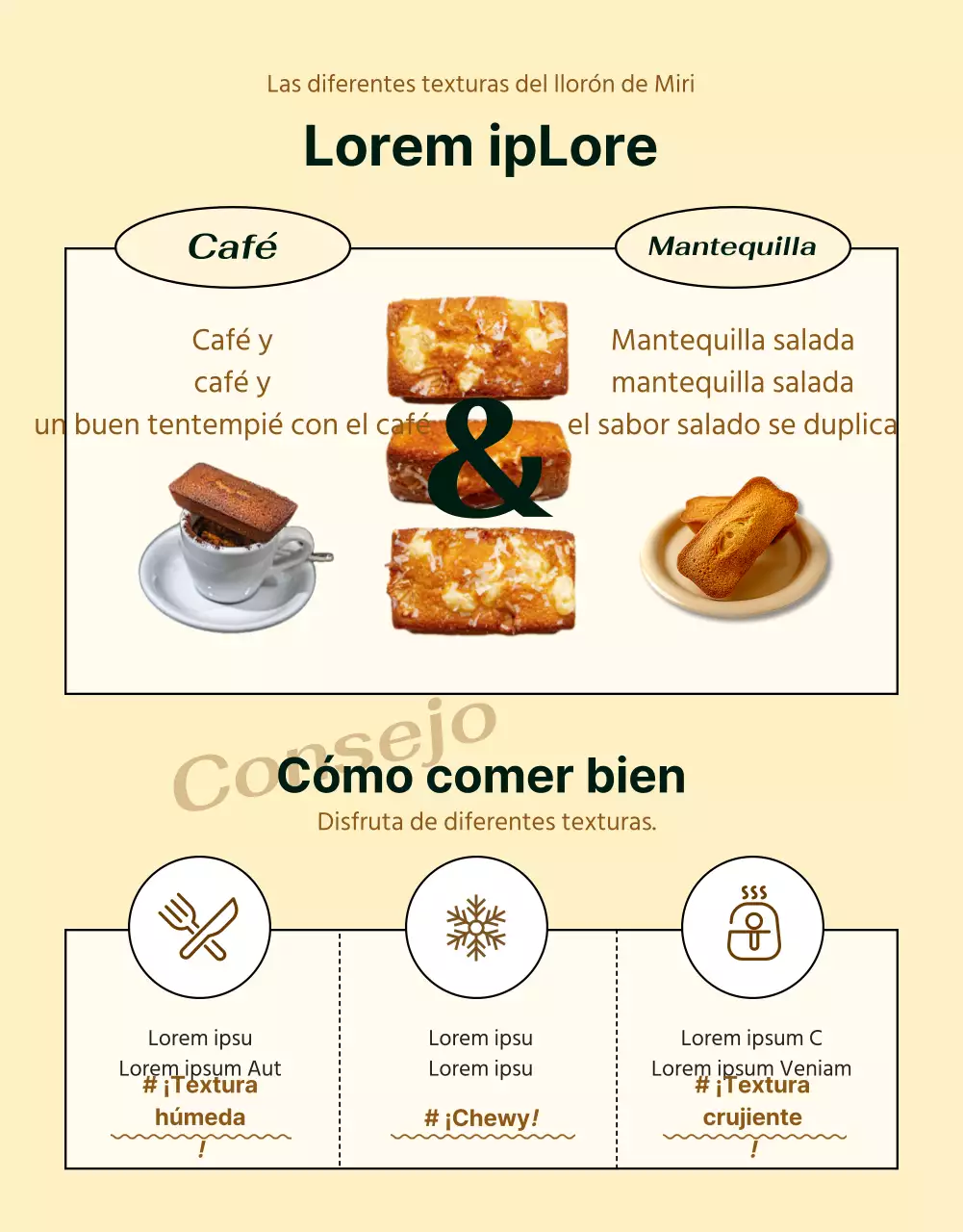 Presente la información sobre el postre en una moderna combinación de colores marfil, como en un café.