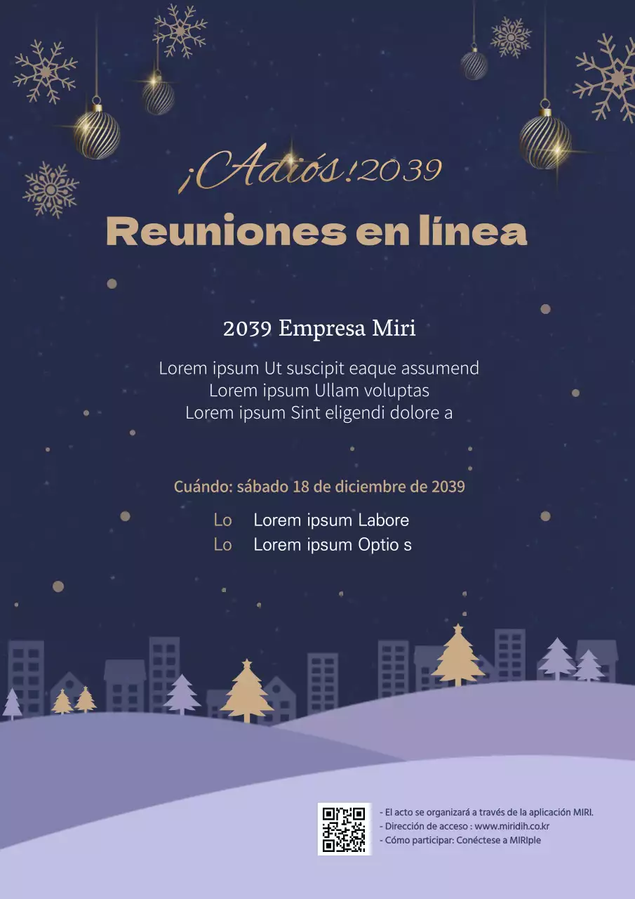 Azul marino y dorado Miri Company online fiesta de fin de año póster invitación anuncio evento