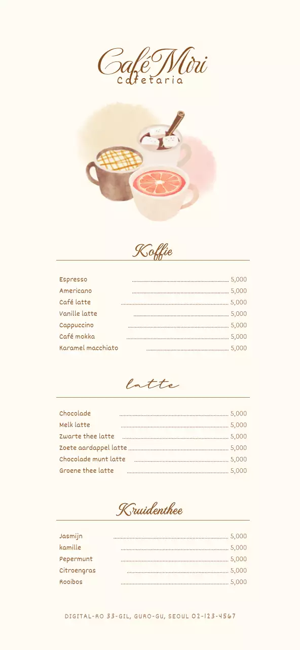 Prijzen voor een cafémenu met een emotioneel en warm geïllustreerd concept