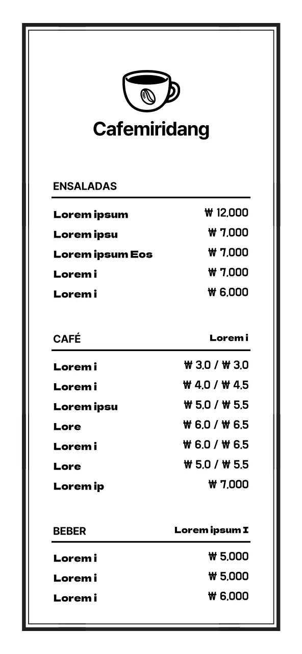 Cartelería de menú de cafetería de estilo sencillo y limpio en blanco y negro