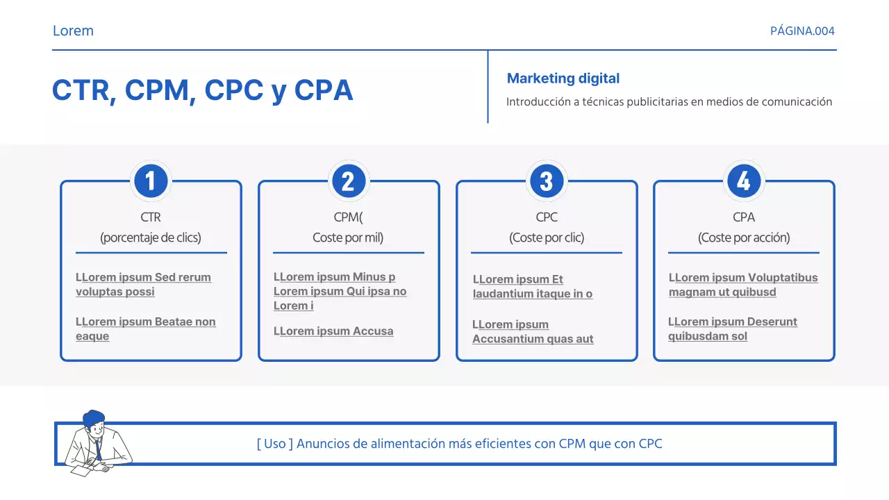 Promover los términos básicos de la práctica del marketing azul y blanco