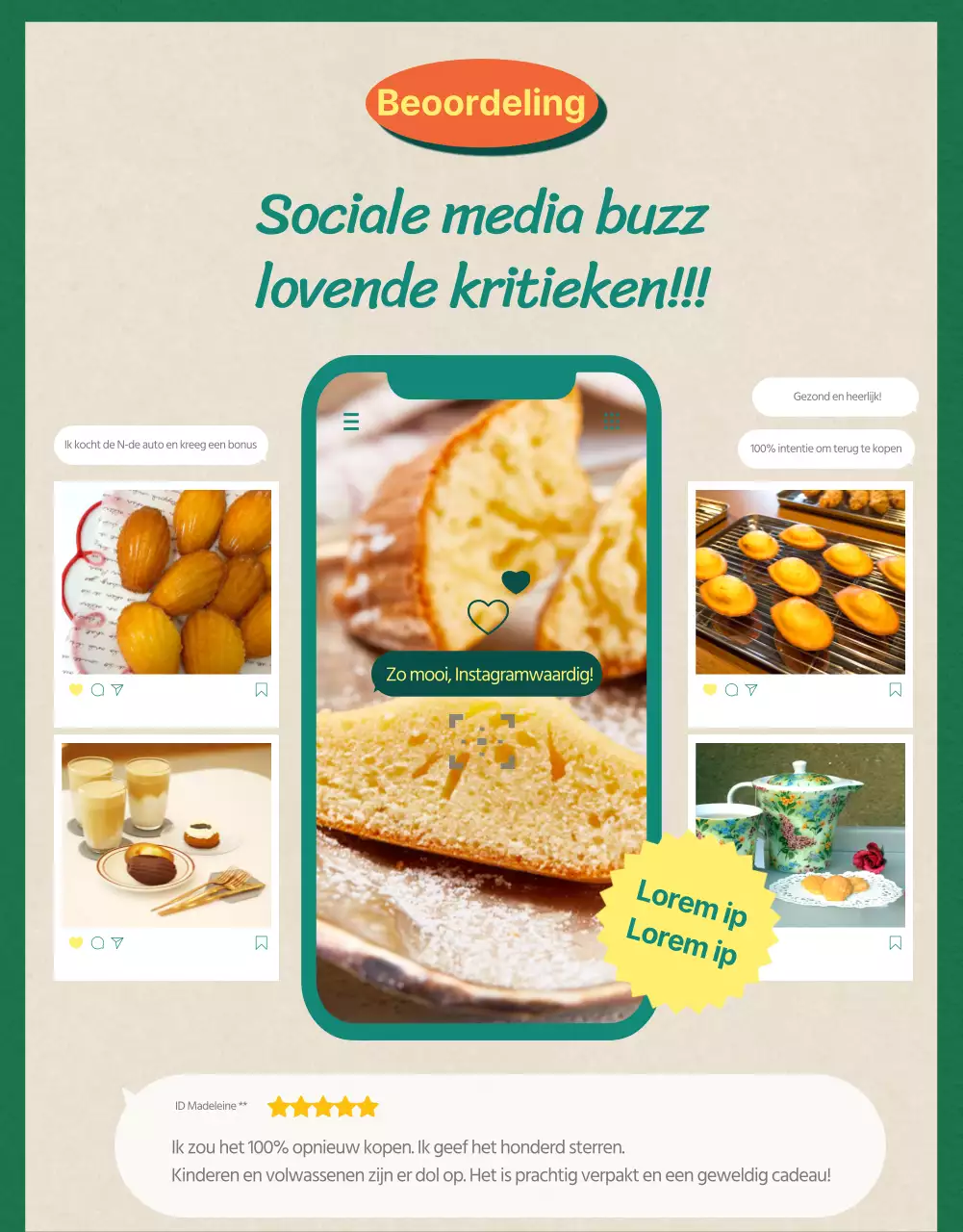 Verkoop kant-en-klare madeleines met een groene achtergrond