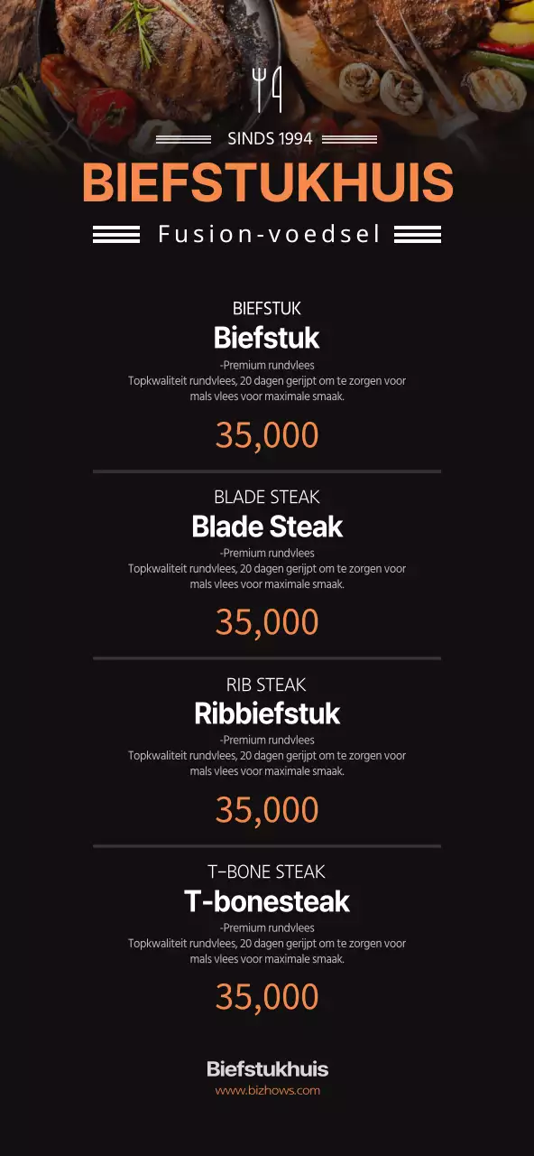 Zwart en oranje, eenvoudige stijl steakhouse menu prijzen
