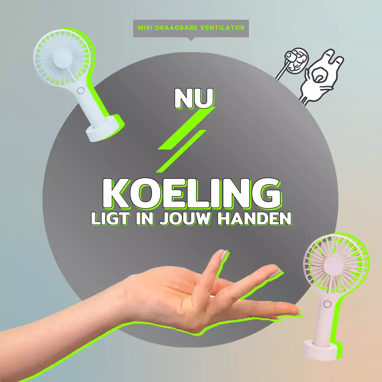 Een coole grijze cirkelvormige handventilator promoten