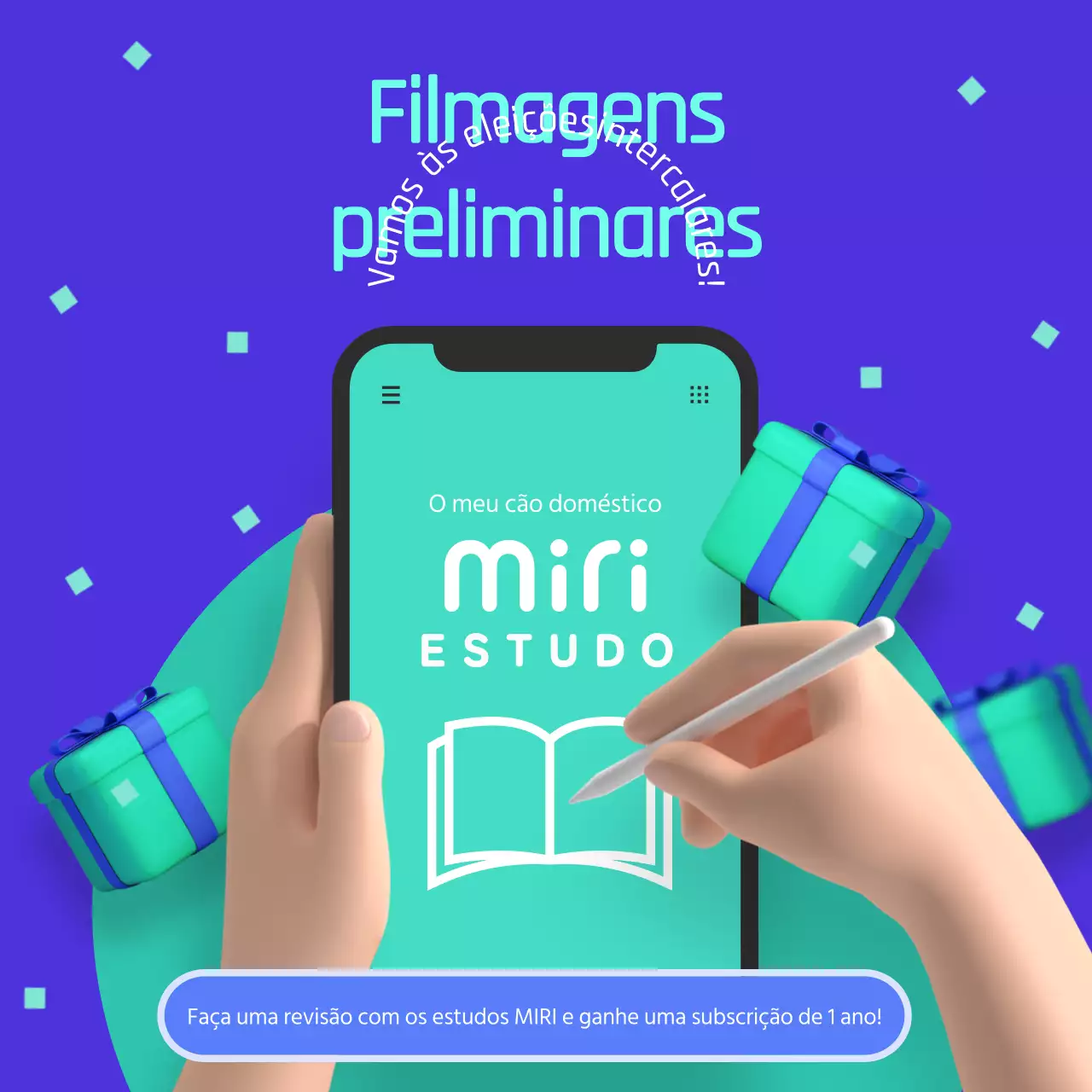 Promoção de oferta de aplicação de estudo em azul e chartreuse