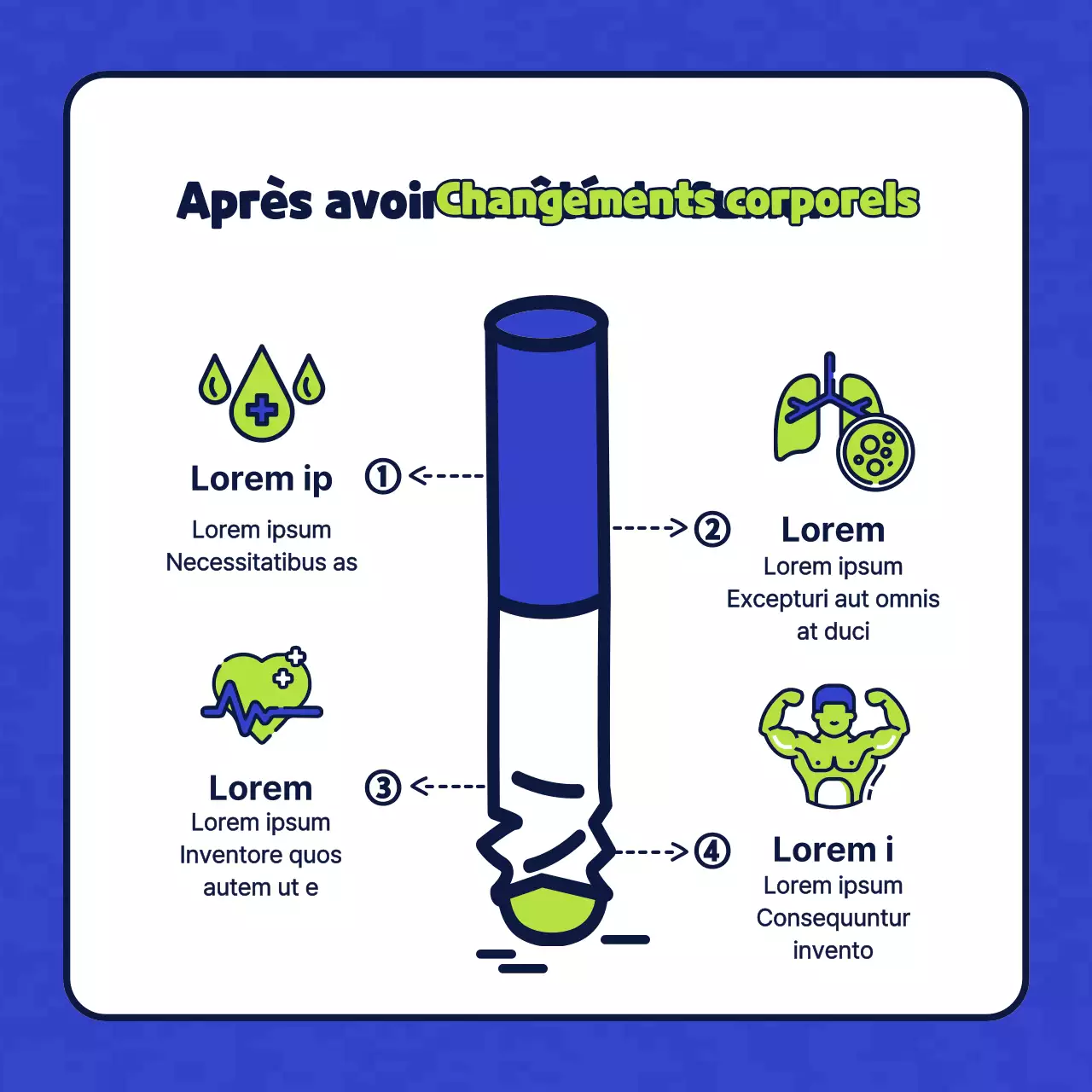 Illustration d'un personnage simple en bleu et chartreuse présentant un centre de santé sans tabac.