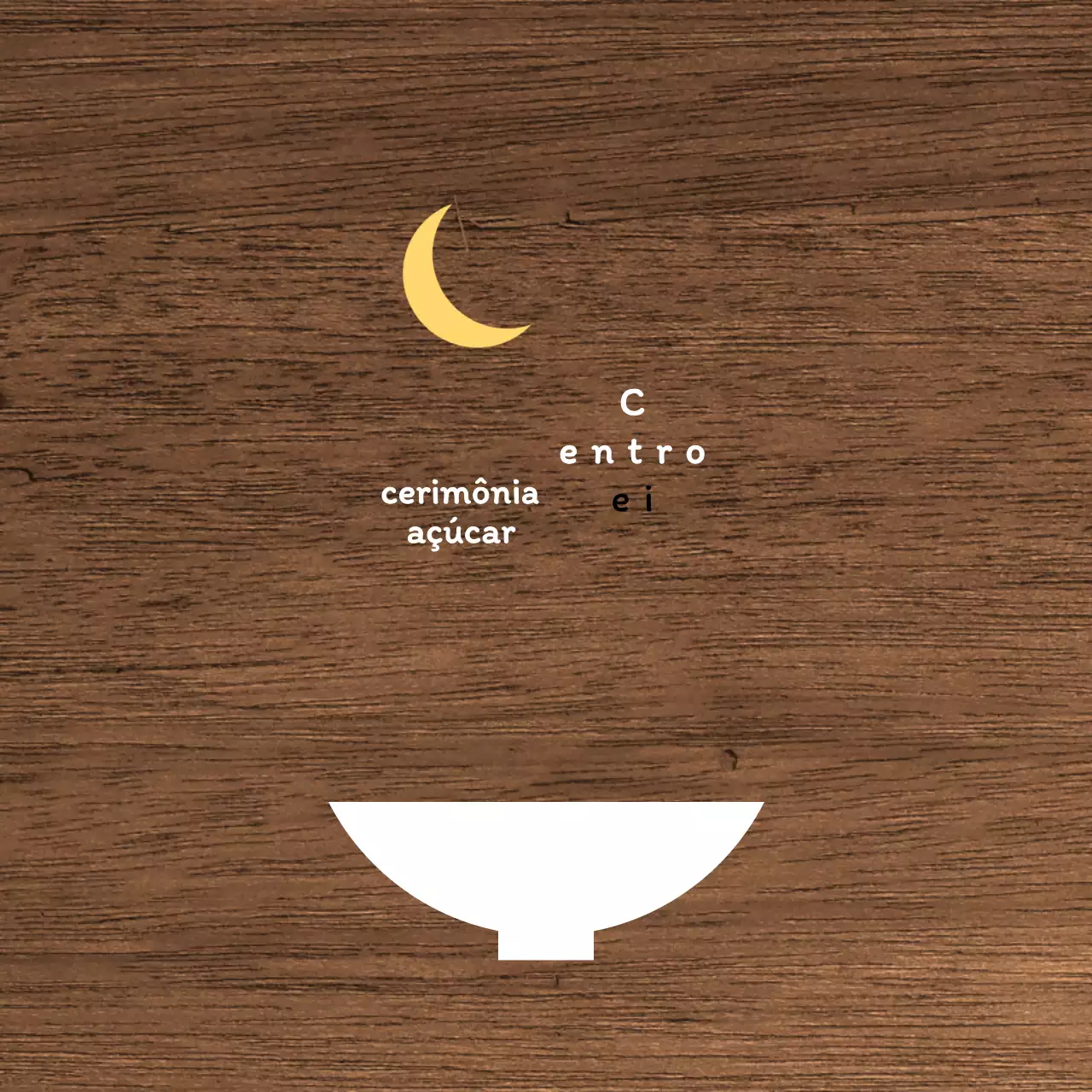 Um simples letreiro de restaurante noturno com texto branco e amarelo e uma ilustração de uma lua em forma de taça.