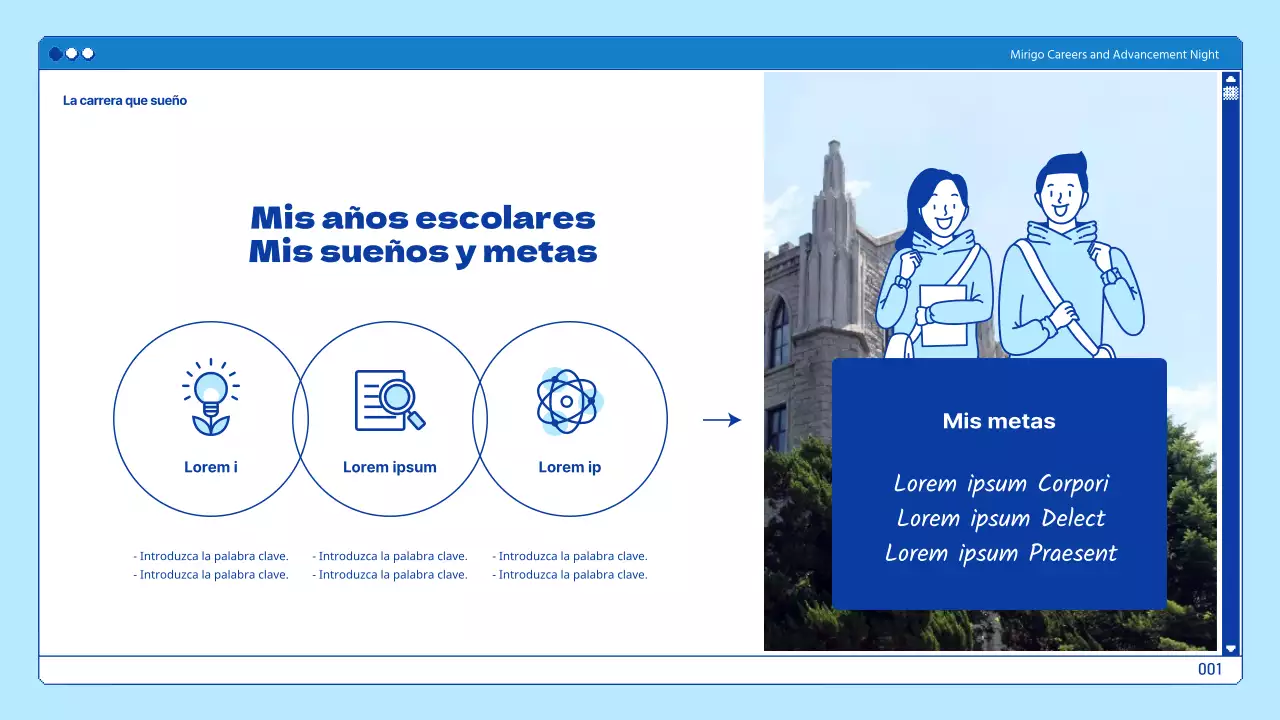 Presentaciones universitarias en un tema de navegación azul