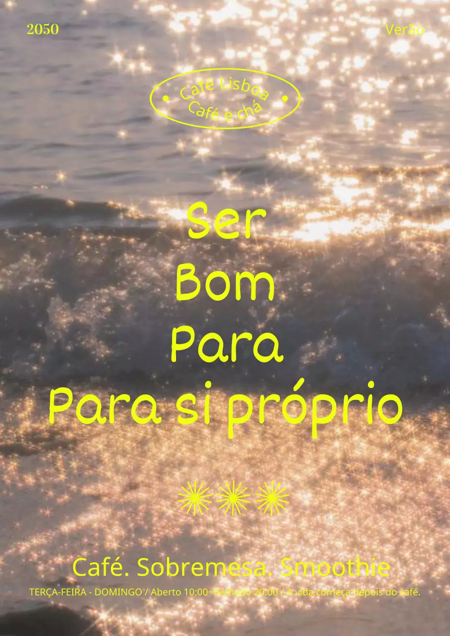 Cartaz promocional simples de café com fundo marinho e texto amarelo