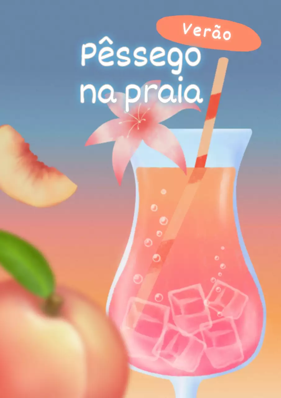 Promoção de bebidas com um cocktail de pêssego colorido sobre um fundo com gradiente