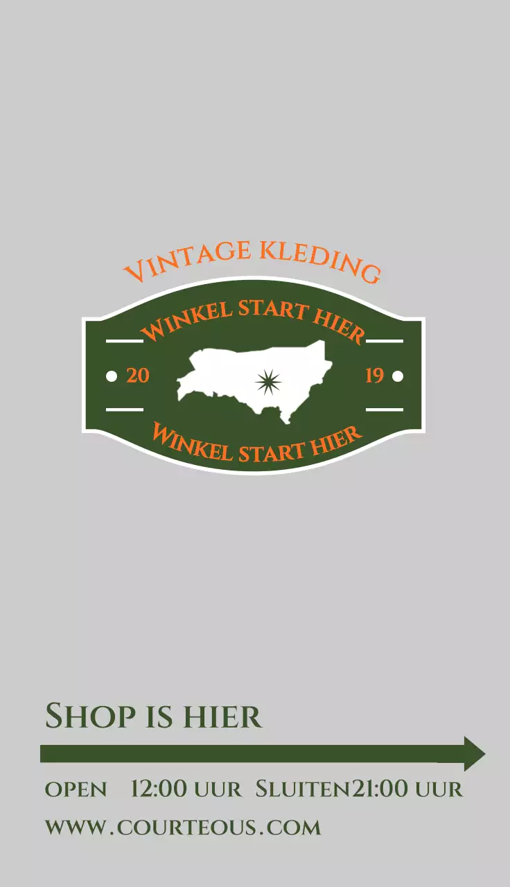 Een kledingwinkel promoten die nette kleding verkoopt met een groene en oranje vintage uitstraling.