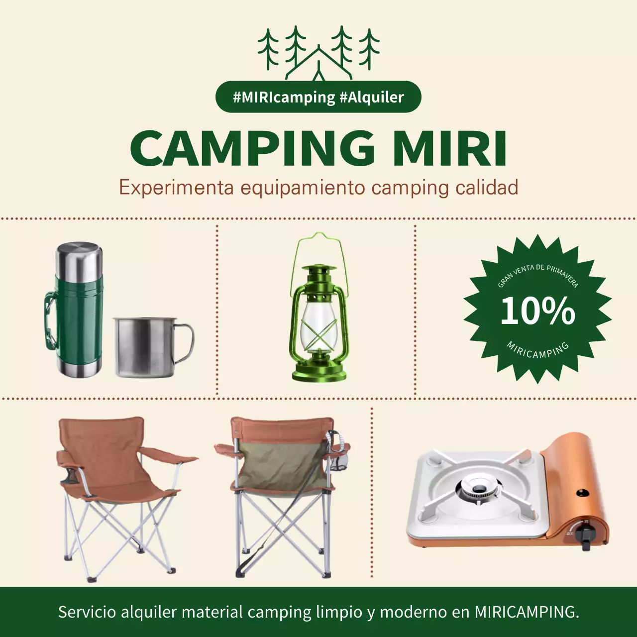 Detalles del evento de alquiler de material de camping beige y verde