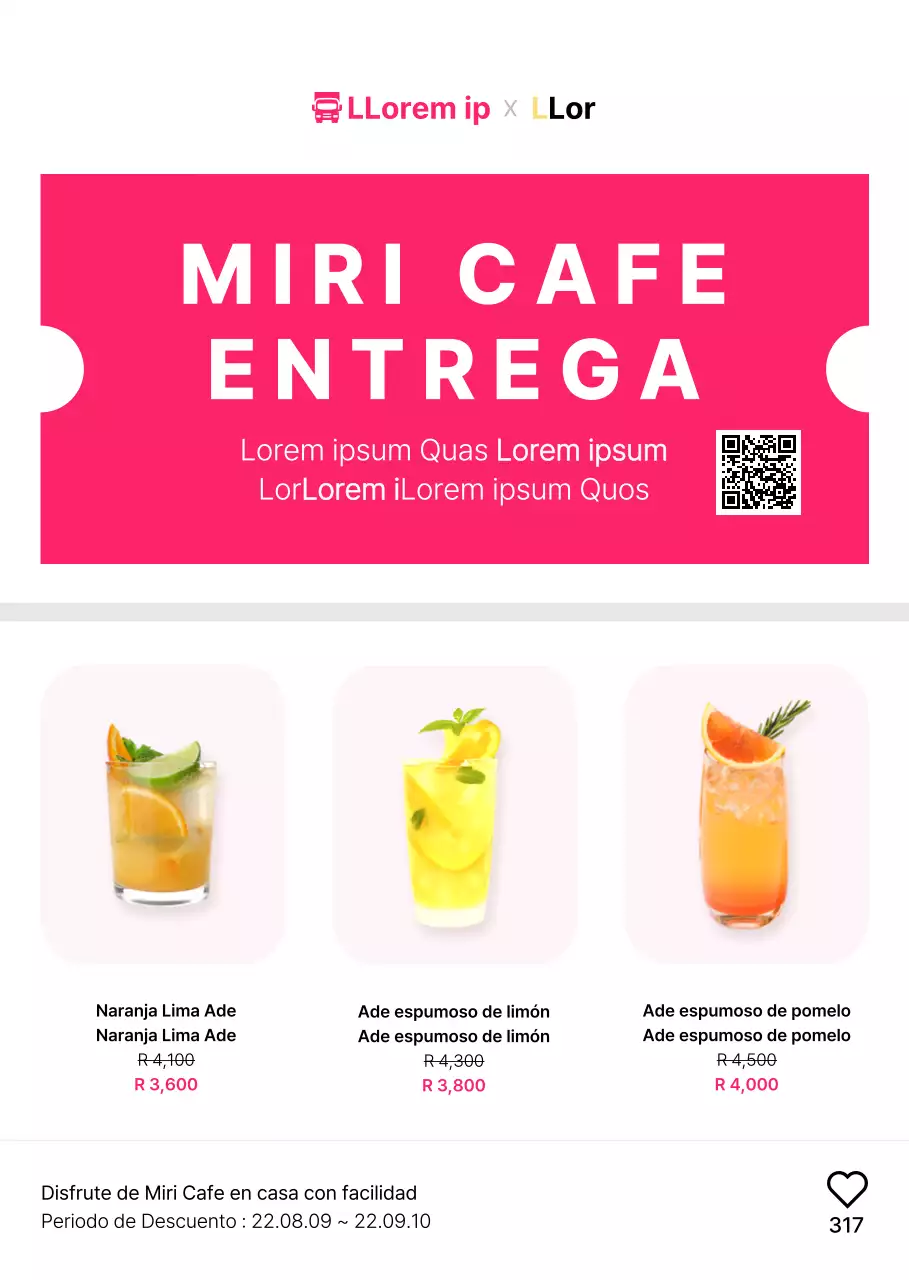 Cartel de cafetería rosa con forma de billete