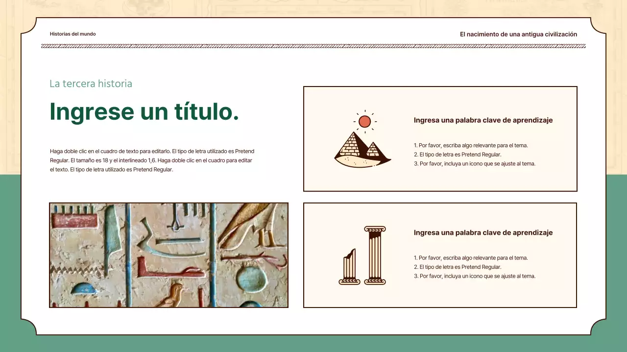 Las ilustraciones históricas en beige y verde resaltan las lecciones de historia universal