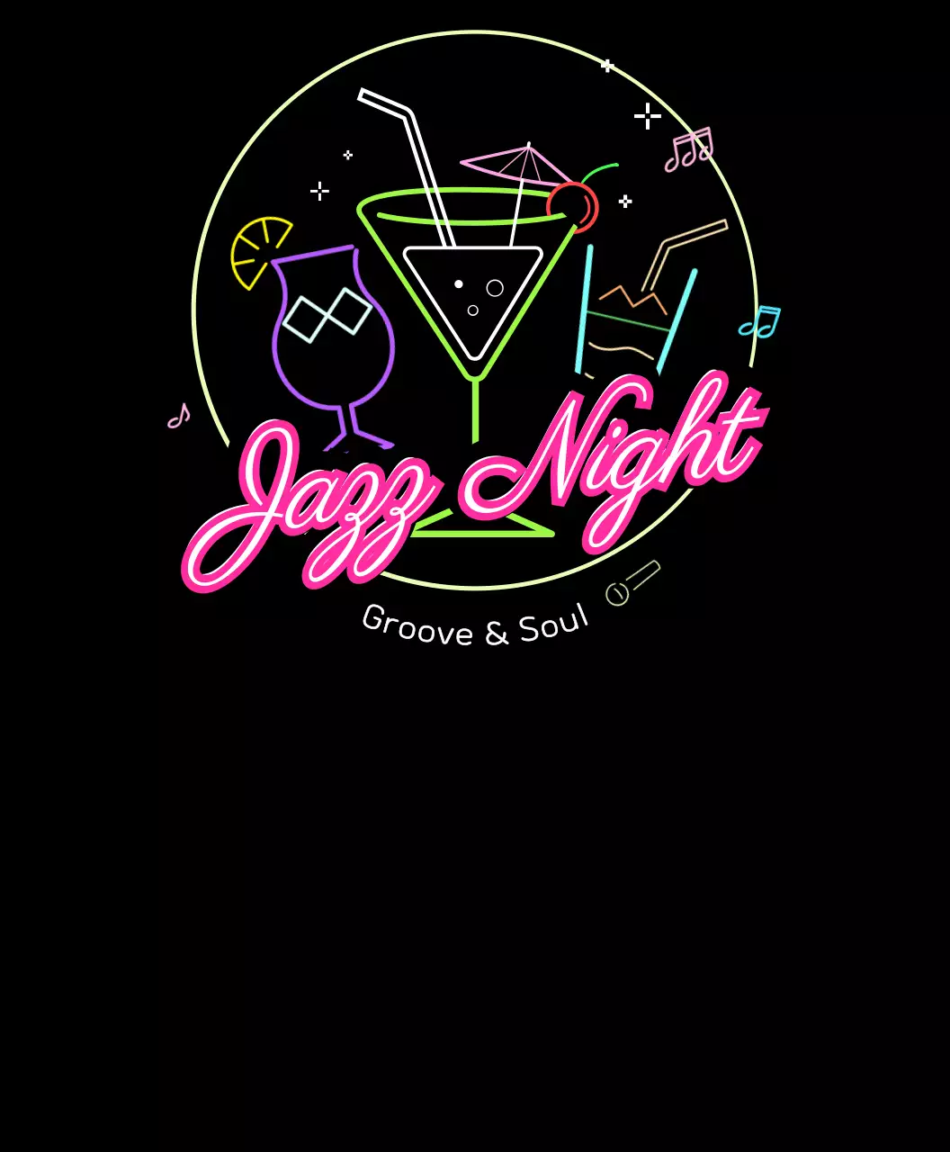 ピンクと様々なカラーのネオンサインジャズフェスティバルTシャツ