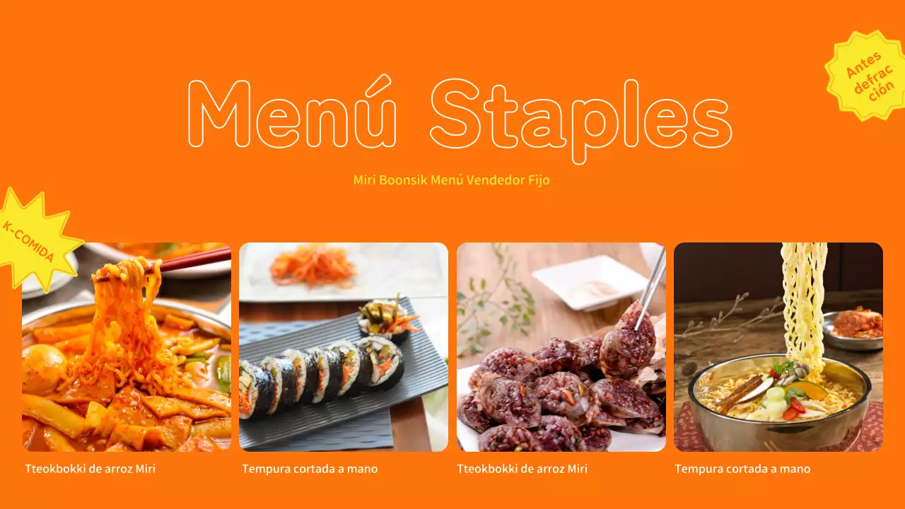 Perfil de empresa de catering con acentos de color naranja y amarillo y disposición de fotos