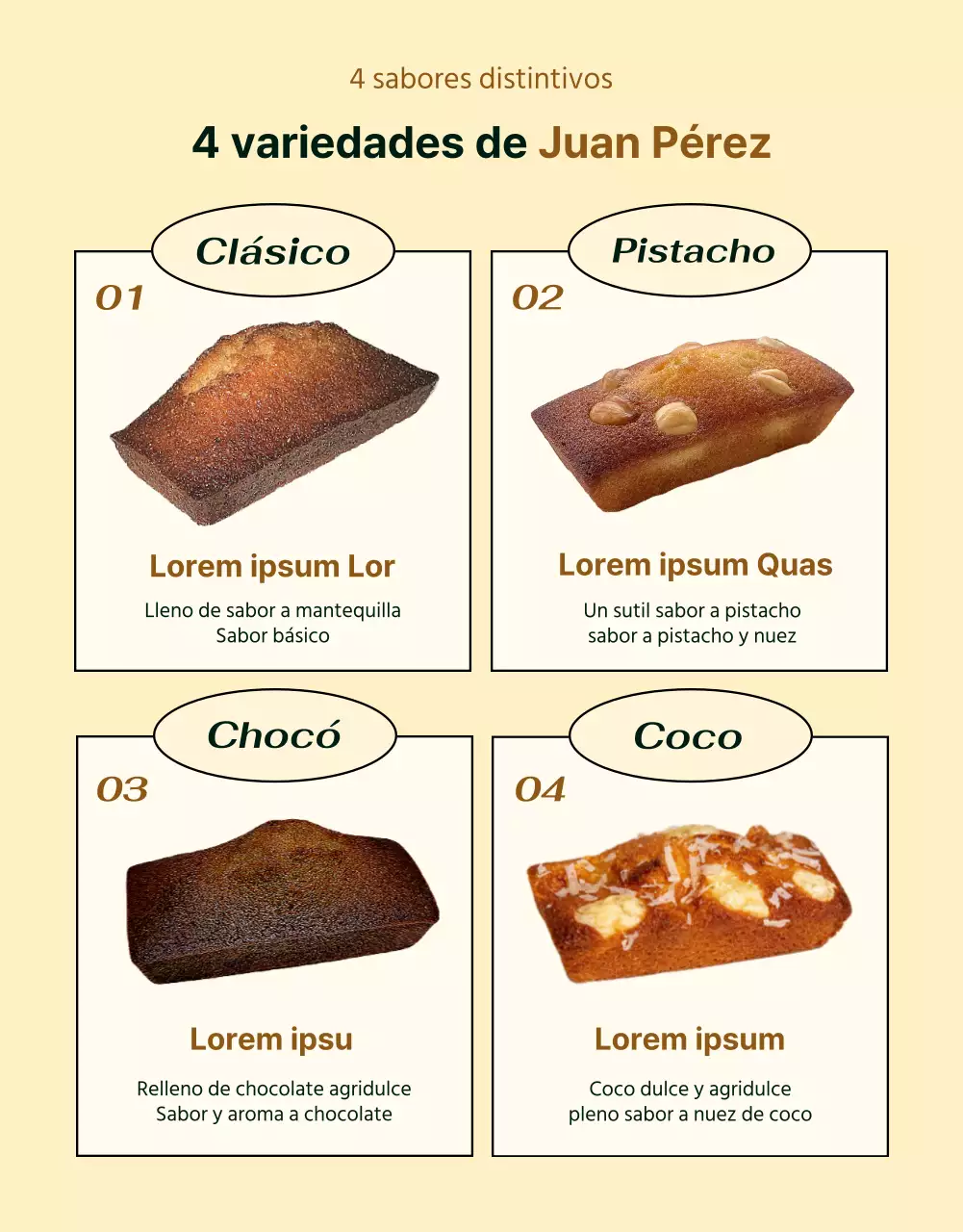 Presente la información sobre el postre en una moderna combinación de colores marfil, como en un café.