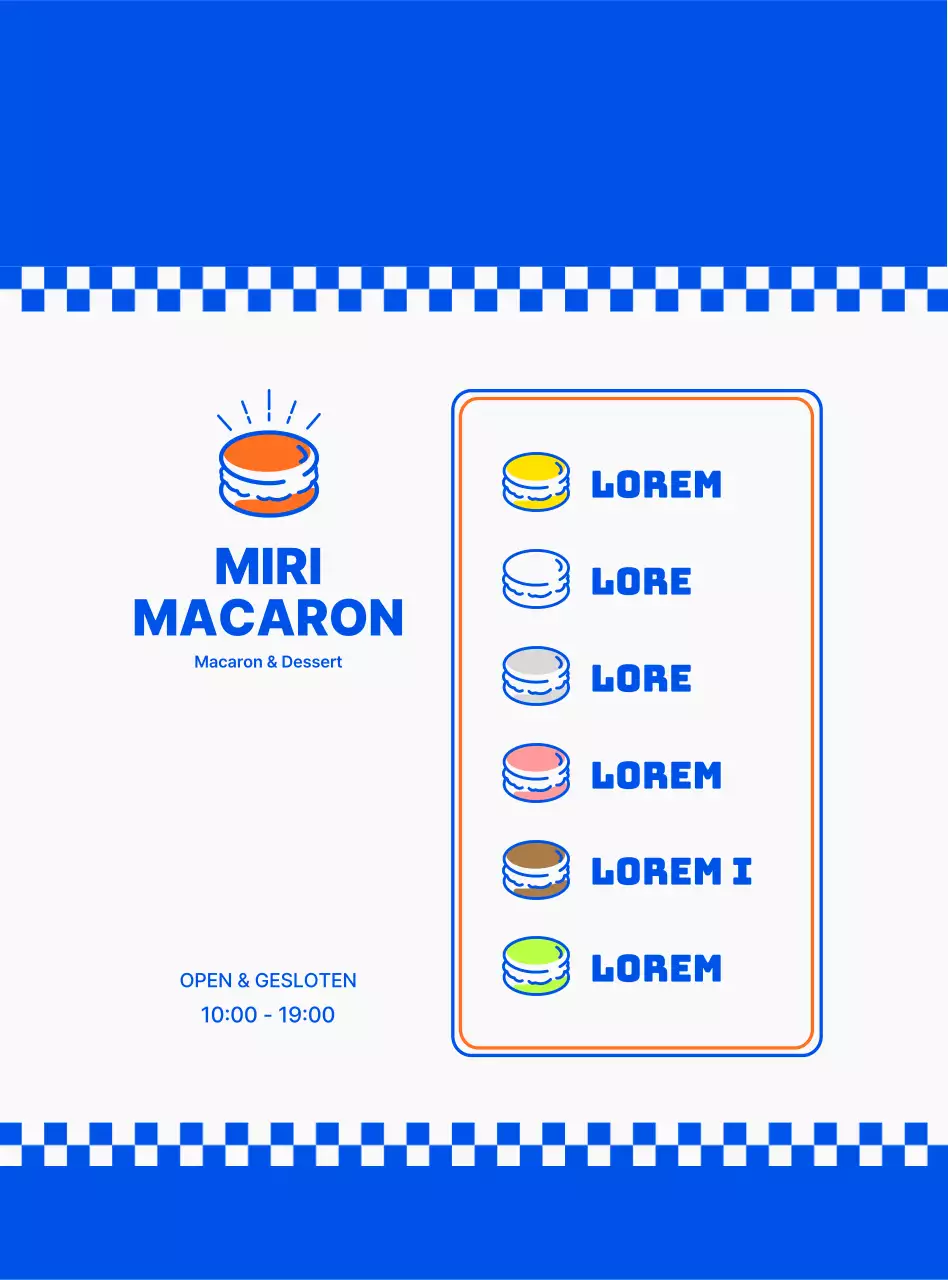 Promoot en informeer het menu van een clean concept macaron dessert in marineblauw en wit.