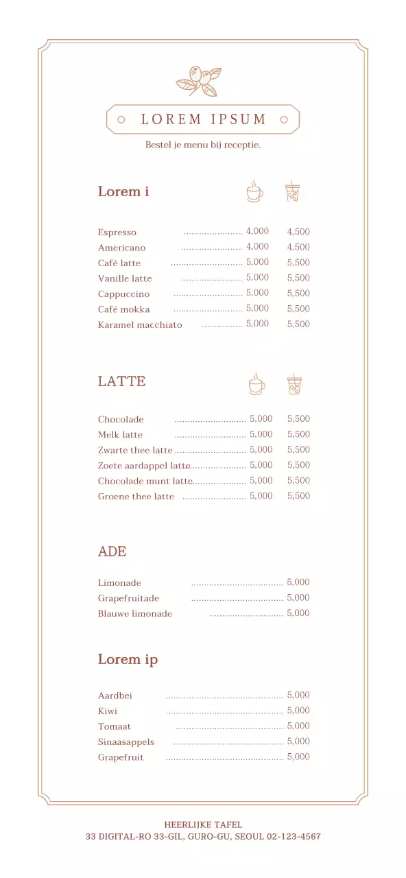 Lichtbruin en wit eenvoudige stijl café tabel menu gids