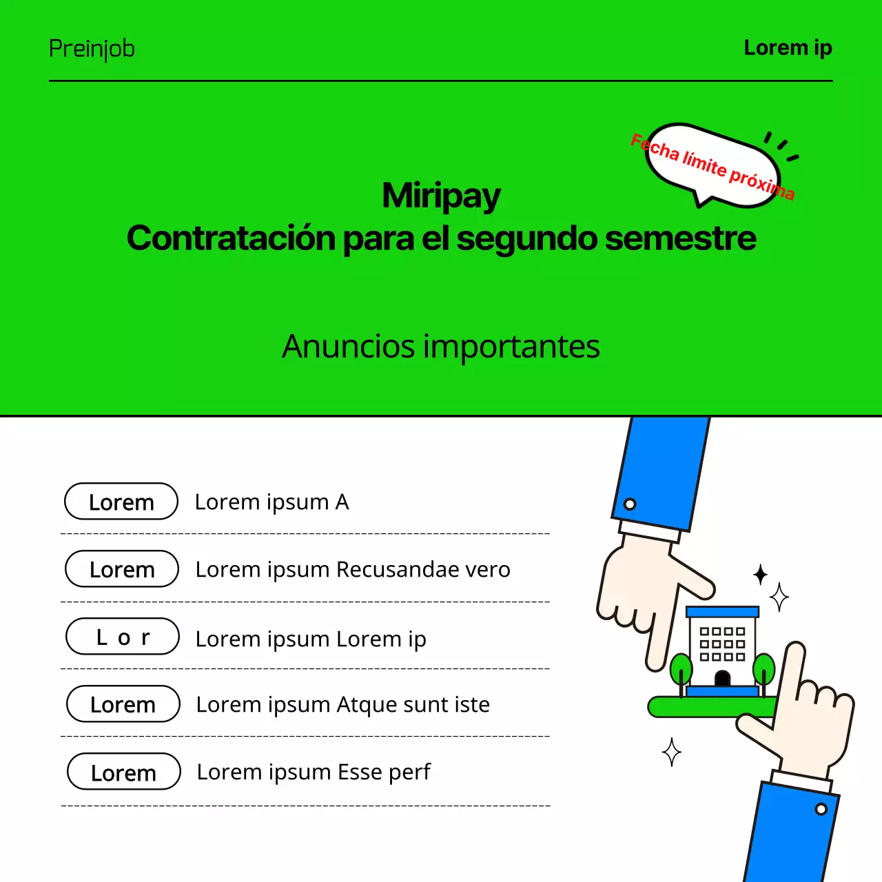 Listados de empleo de empresas de TI con bonitas y sencillas ilustraciones empresariales en azul claro y chartreuse.
