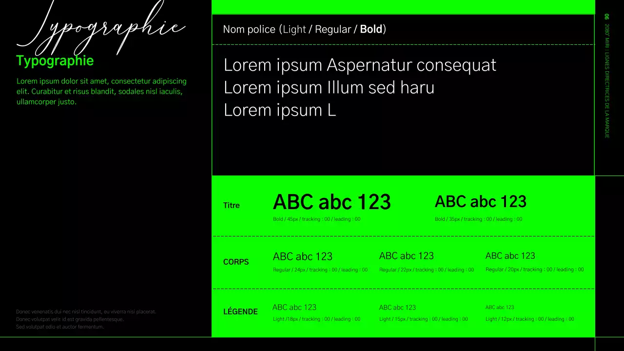 Lignes directrices relatives à l'identité de la marque dans un format quadrillé vert lime et noir
