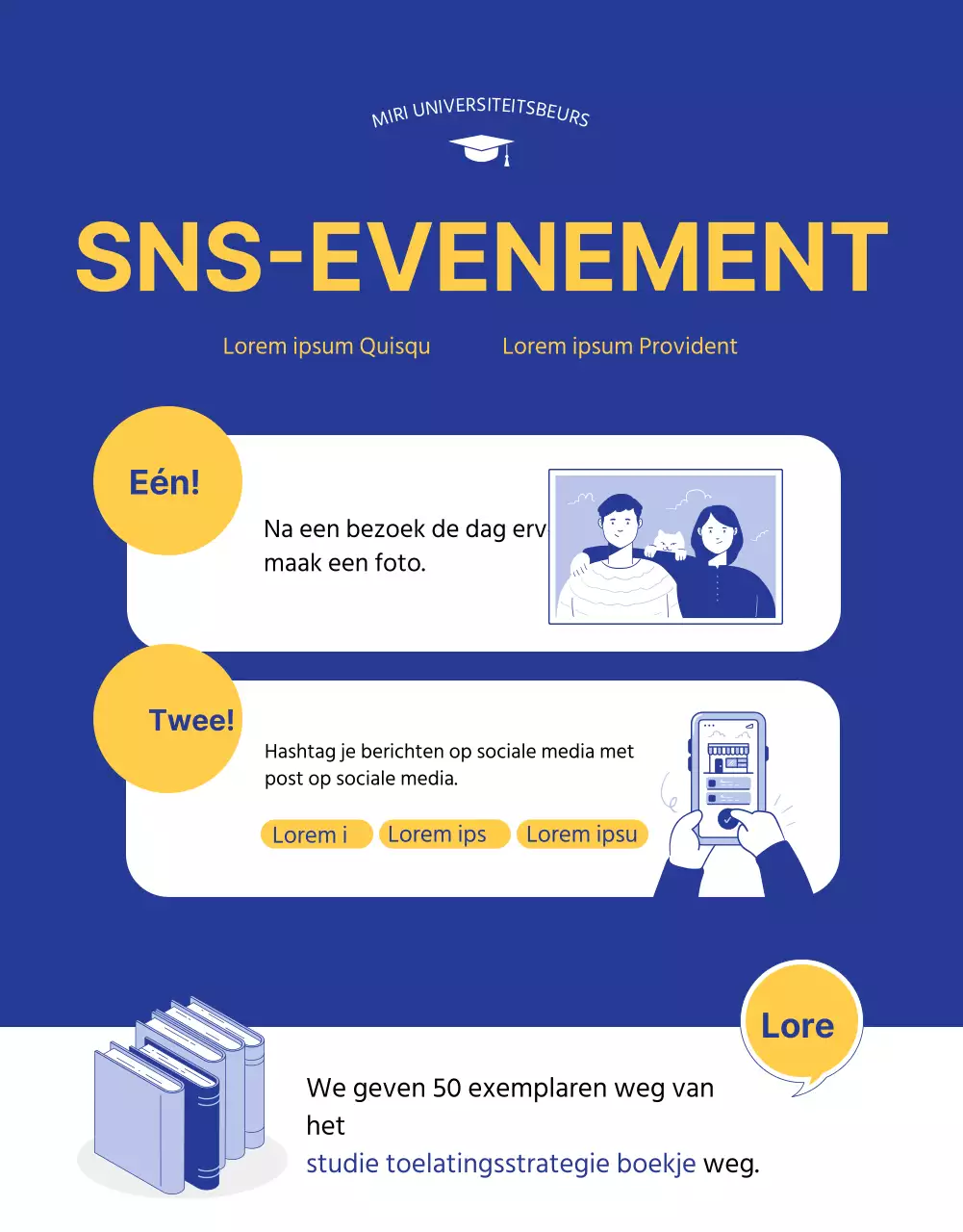 Blauwe en gele illustratie van een toelatingsbeurs voor universiteiten