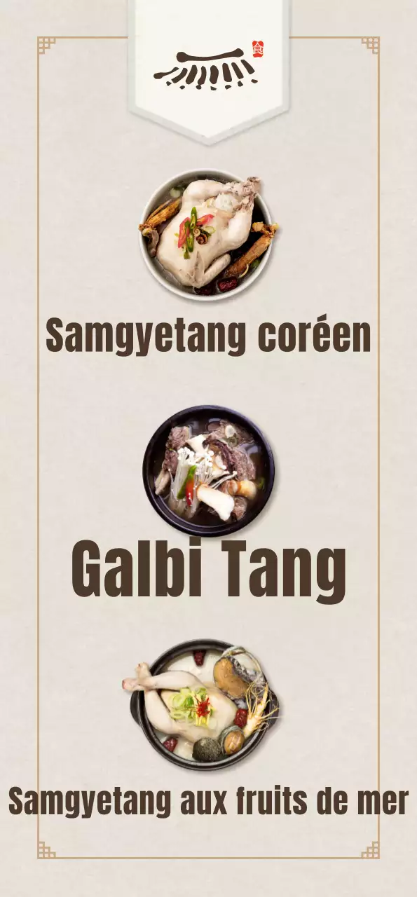 Une bannière avec une image de fond noir de nourriture coréenne galbitang et le logo Kiwa House.