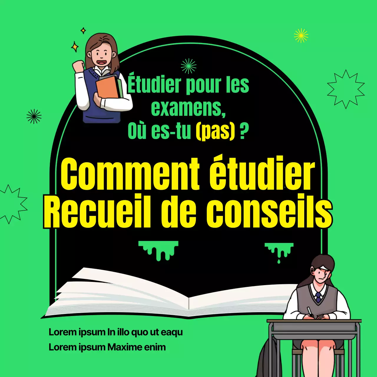 Une collection de conseils d'étude avec une image simple en vert et noir d'un étudiant en train d'étudier.