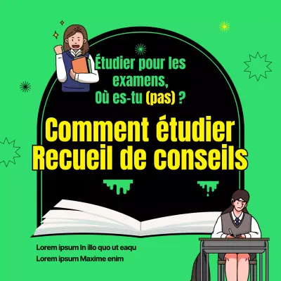 Une collection de conseils d'étude avec une image simple en vert et noir d'un étudiant en train d'étudier.