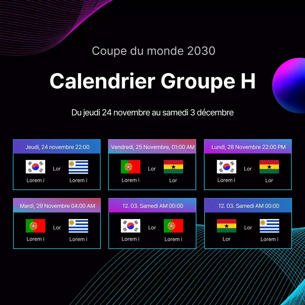 Calendrier des matches avec graphique en ligne sur fond noir