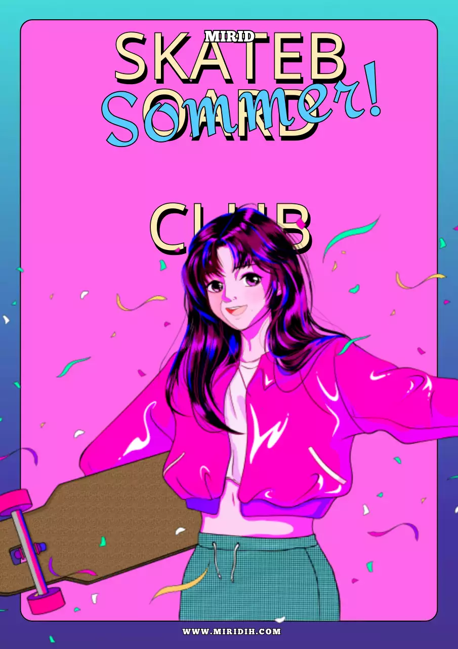 Illustration eines Mädchens Reiten einer Stadt Pop Bord in himmelblau bunt