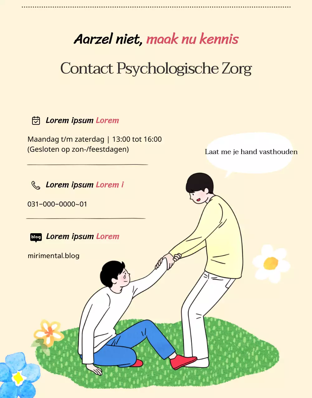 Een jeugdpsychologisch adviescentrum met warme en uitnodigende illustraties in beige en primaire kleuren.