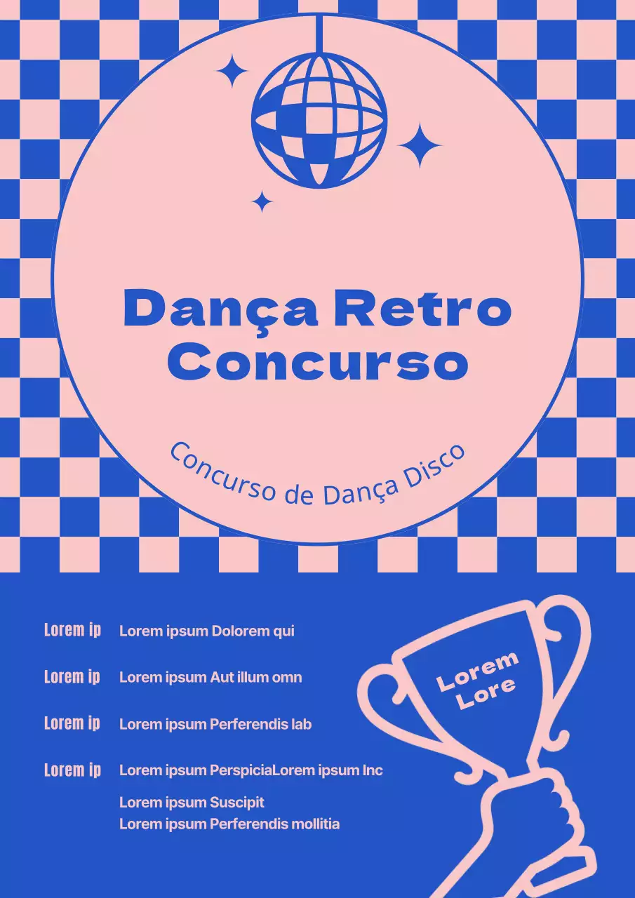 Um cartaz promocional para um concurso de dança retro em azul e cor-de-rosa.