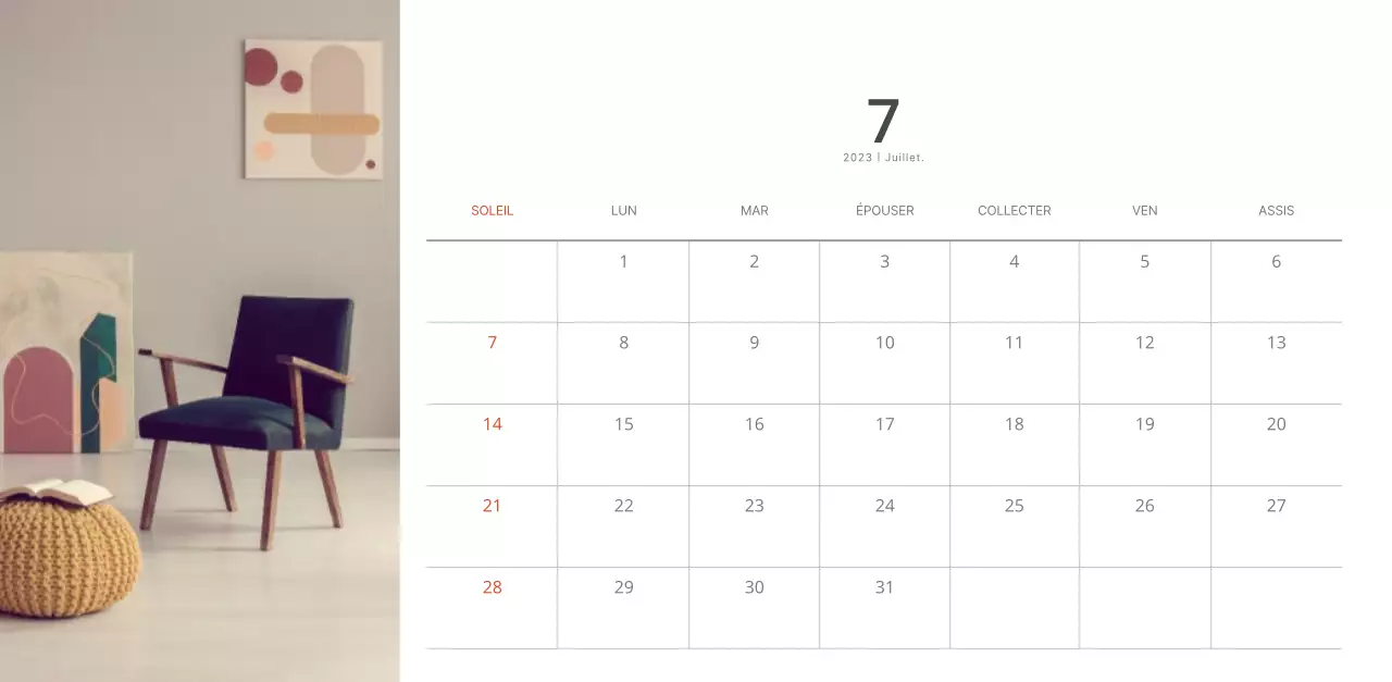 Calendrier d'aménagement intérieur blanc et épuré