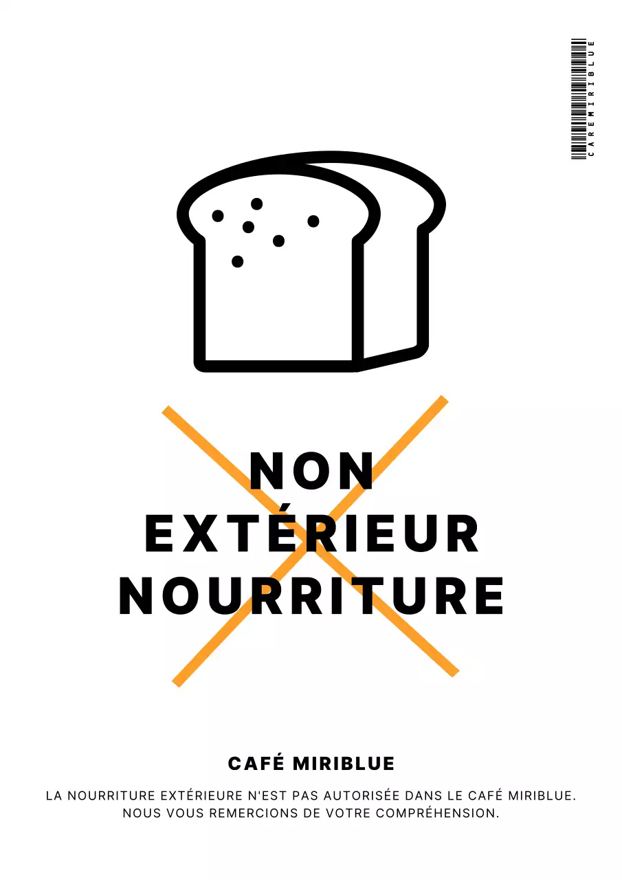 Un simple panneau blanc et noir interdisant la nourriture à l'extérieur des cafés