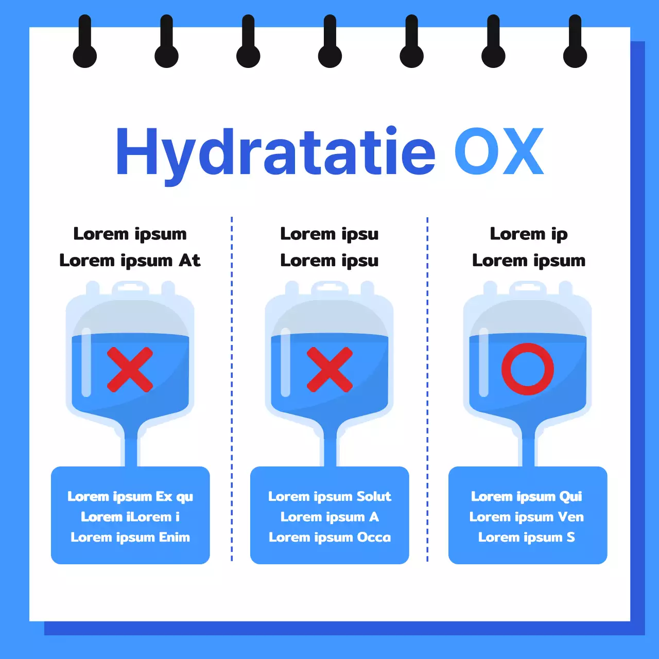 Informatie over chronische uitdroging in een notitieboekje-achtig formaat met schattige, eenvoudige illustraties in blauw en lichtblauw.