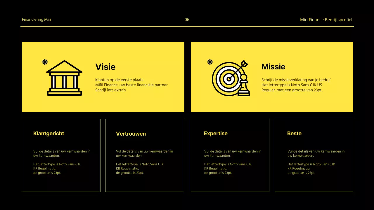 Een minimalistisch financieel bedrijfsprofiel in geel en wit