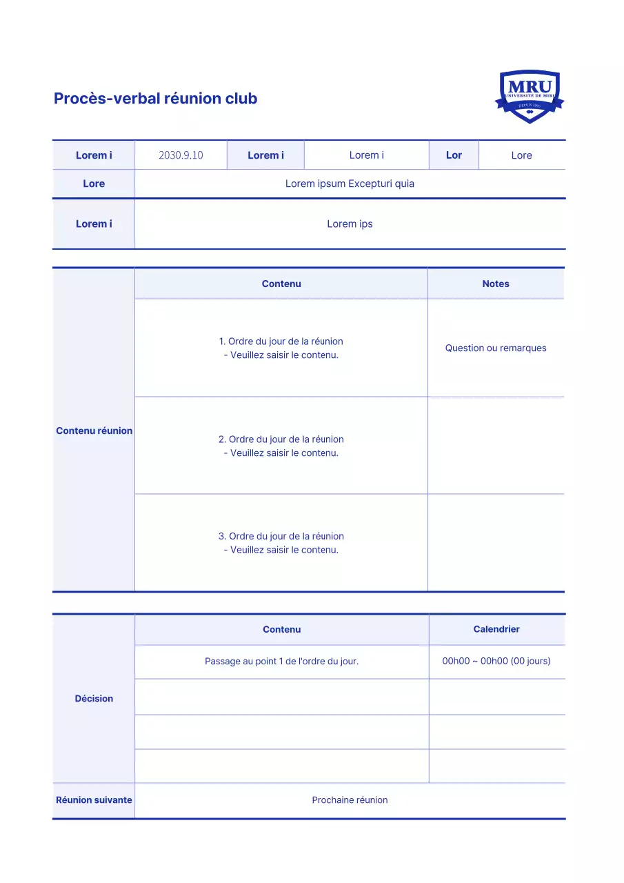 Matériel de base pour les réunions de club en bleu et blanc