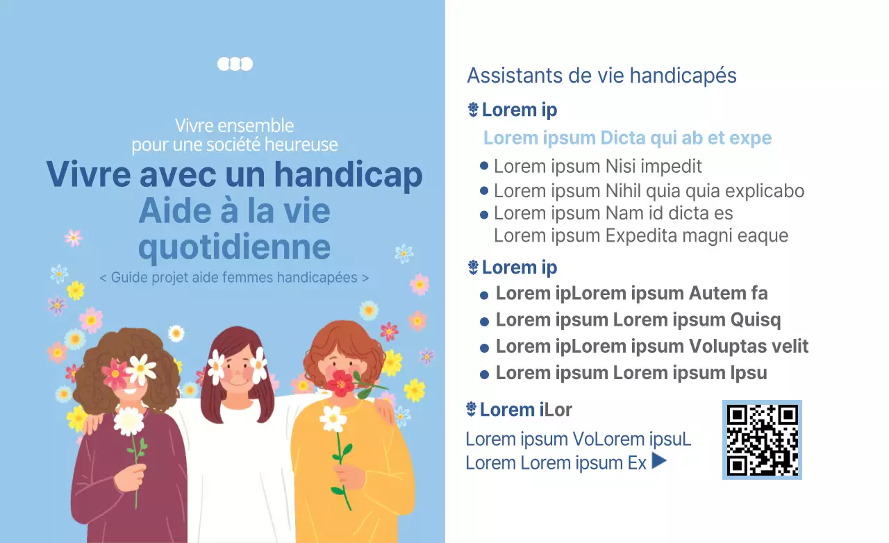 Conception d'un hot pack pour un bureau gouvernemental promouvant les activités liées au handicap, avec des fleurs colorées et des illustrations humaines.