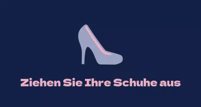 Ballettschuhe auf marineblauem Hintergrund mit einem Schild, das Sie auffordert, die Schuhe auszuziehen.