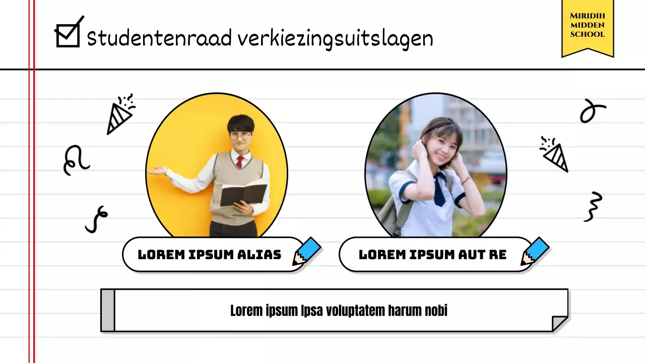 De uitslag van de studentenraadsverkiezing bekendmaken met een schattig geel schriftenboekconcept