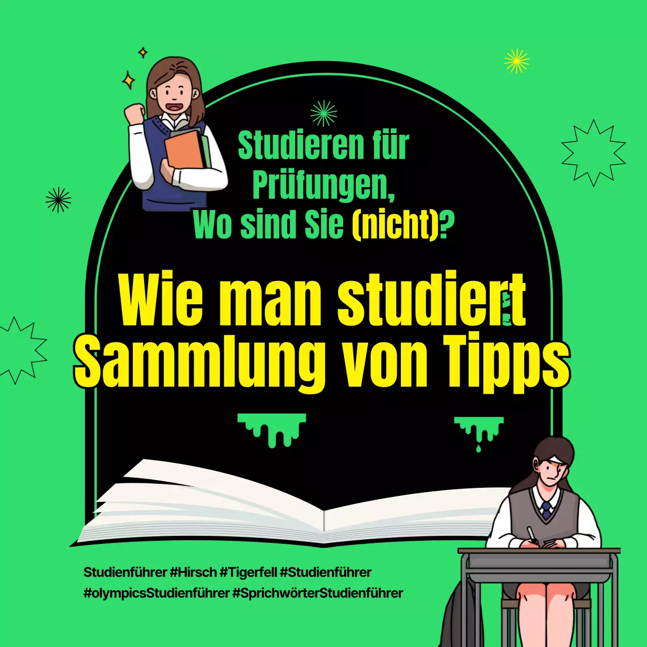 Eine Sammlung von Lerntipps mit einem einfachen grünen und schwarzen Bild eines Studenten, der lernt
