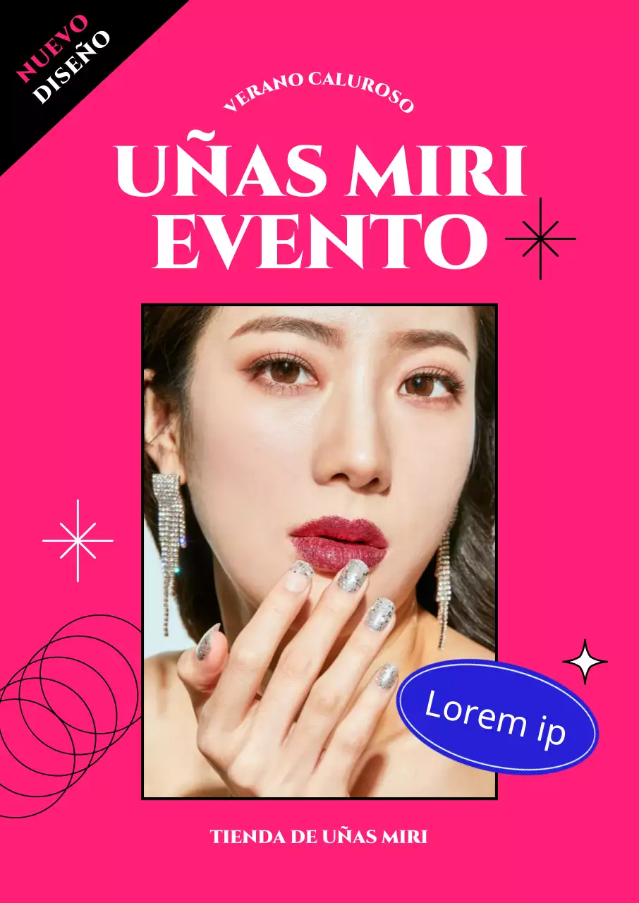 Una glamurosa venta de uñas en un marco con una ilustración de líneas sobre un fondo rosa intenso.