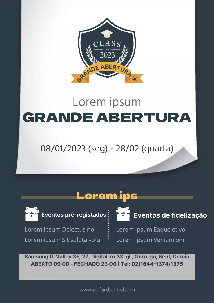 Promova um evento de abertura de uma sala de leitura com um emblema azul-marinho elegante
