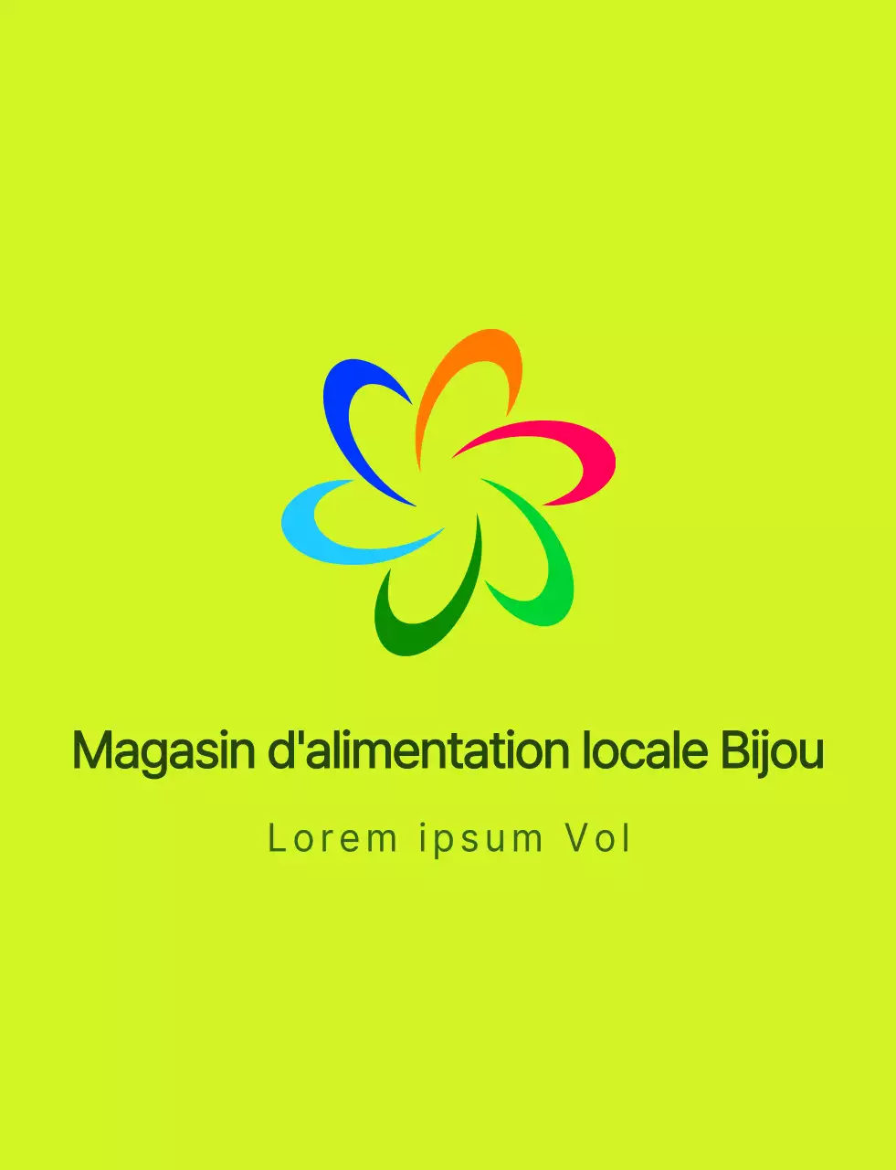 Logo moderne avec symbole et logo texte combinés à un schéma de couleurs chartreuse et coloré pour les employés d'un magasin d'alimentation local.