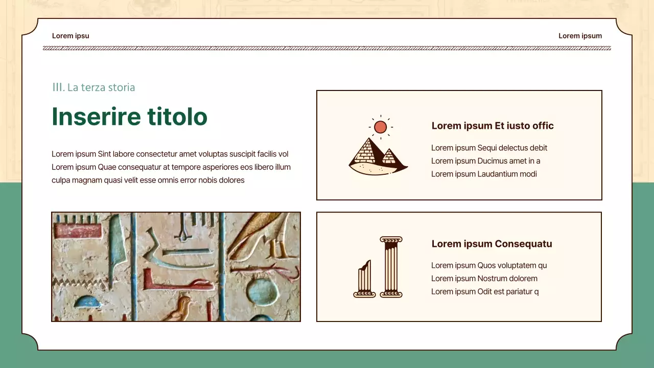 Le illustrazioni storiche in beige e verde evidenziano le lezioni di storia del mondo