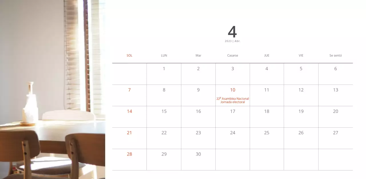 Calendario de interiorismo en blanco y limpio