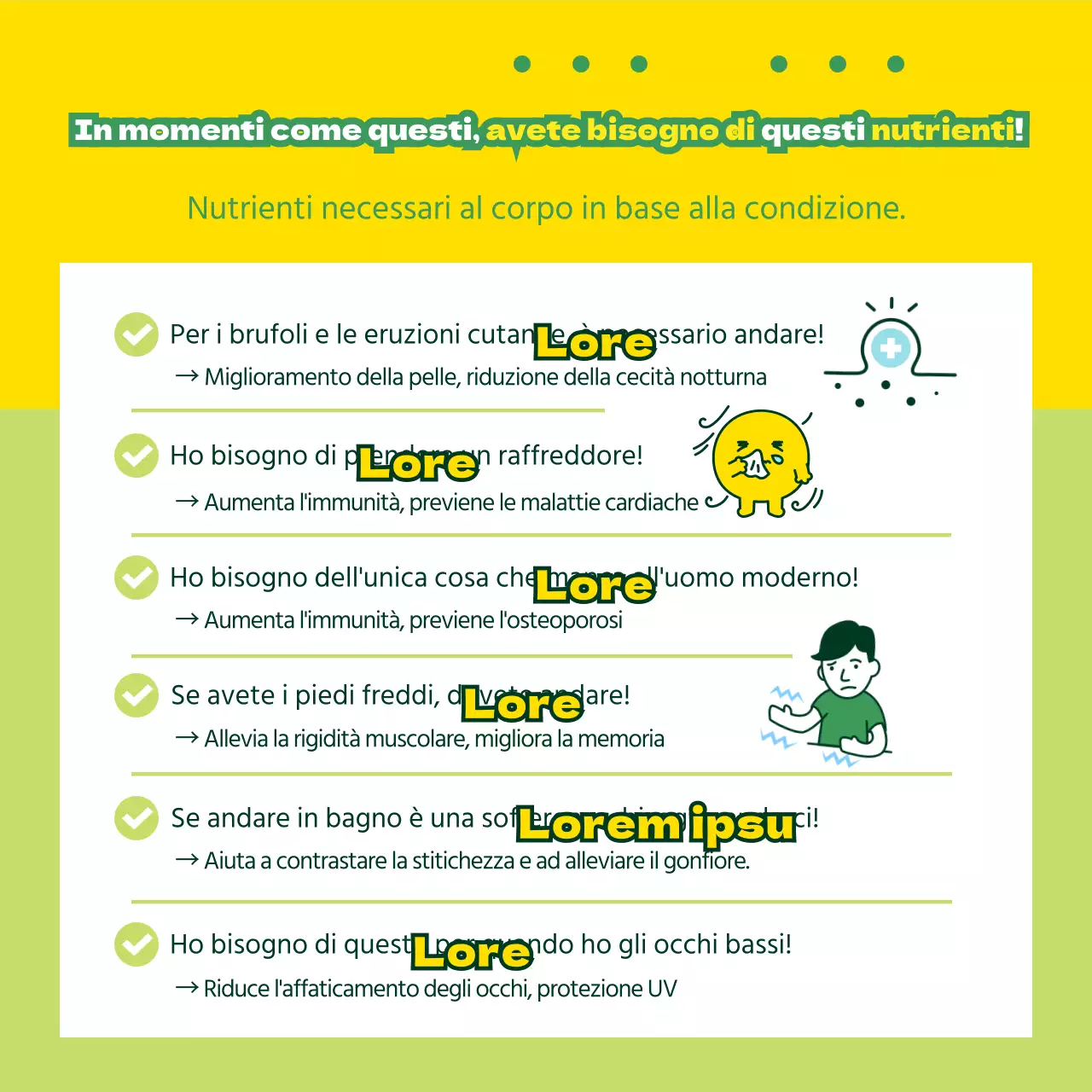 Promuovere i prodotti nutrizionali con illustrazioni gialle e verdi